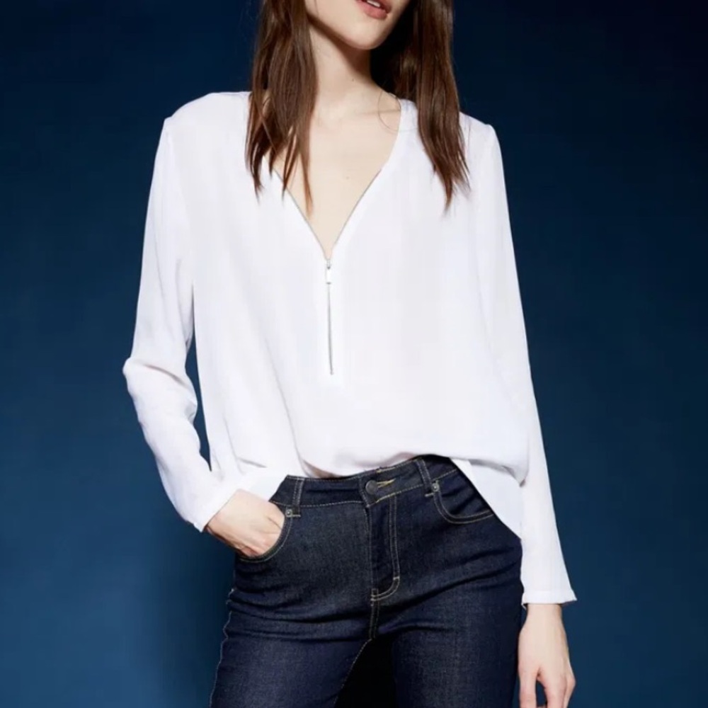 The Kooples Women White Front Zip Silk Long-Sleeve Top Blouse Shirt Size S